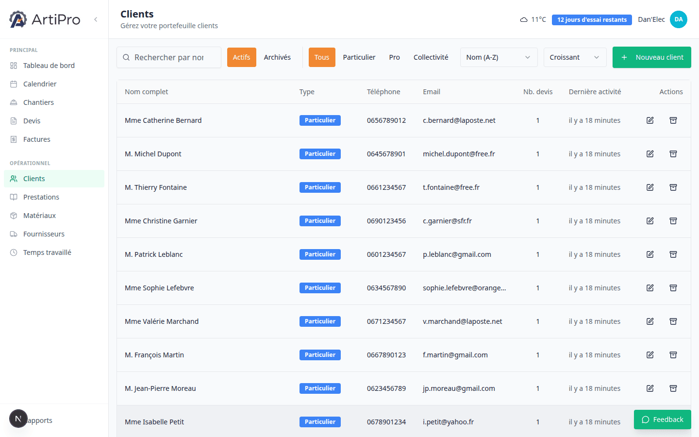 Liste des clients ArtiPro