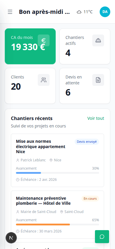 ArtiPro sur mobile — tableau de bord
