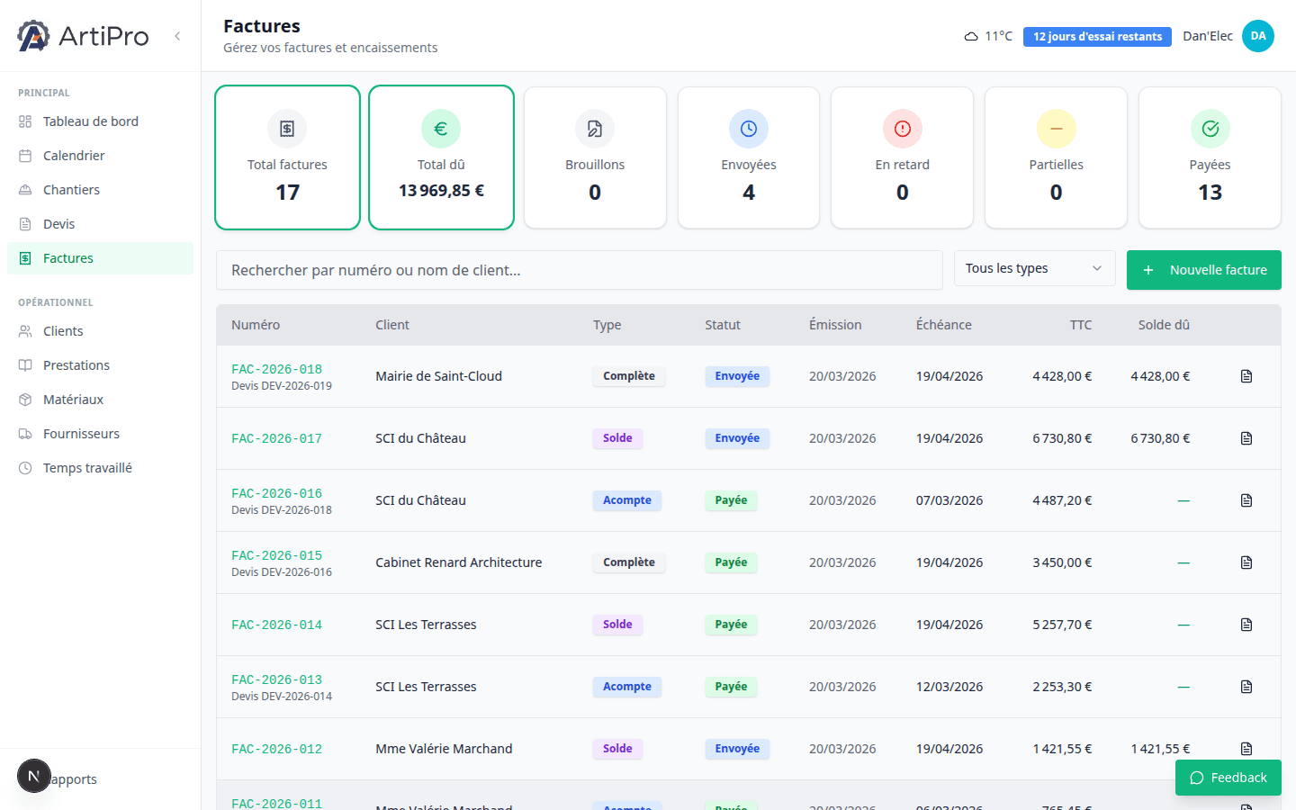 Liste des factures ArtiPro