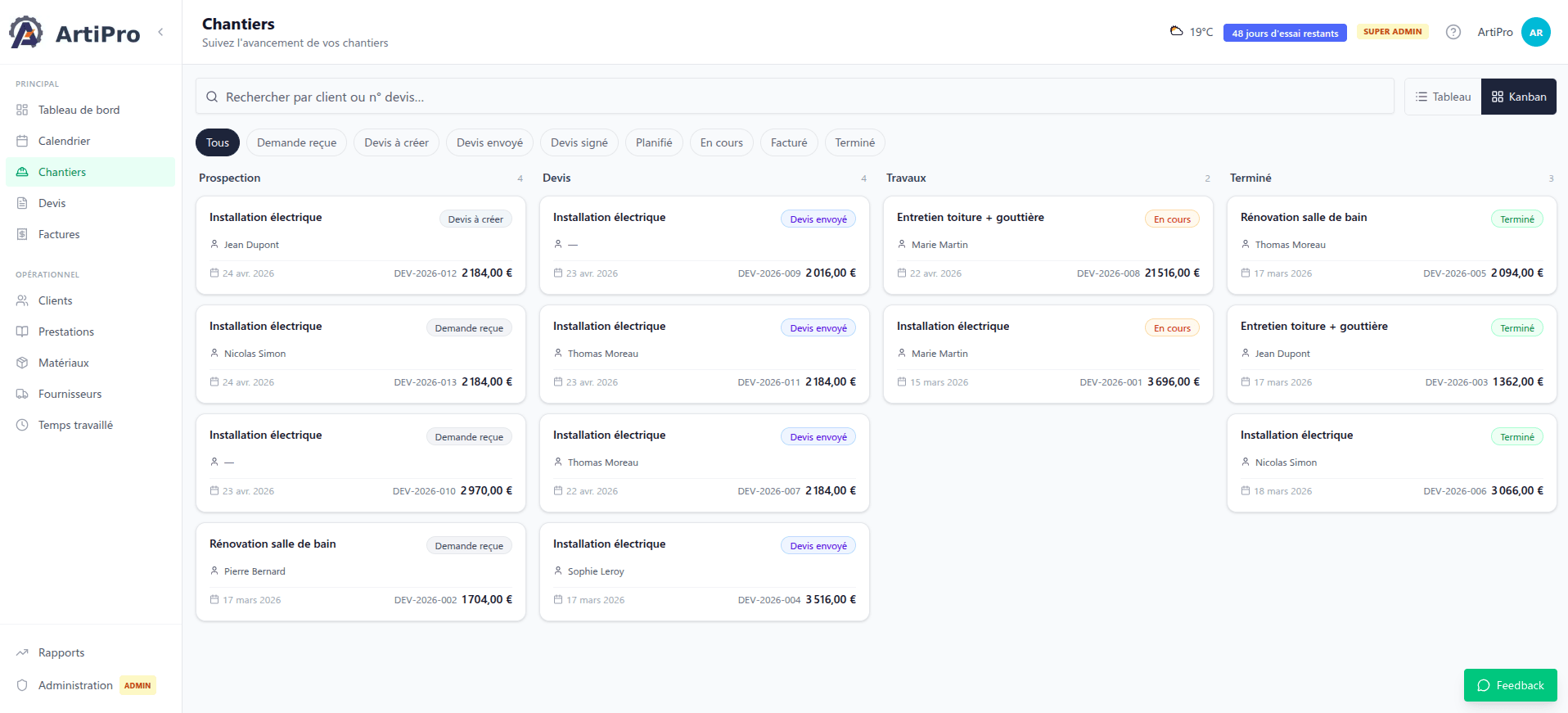 Vue Kanban des chantiers ArtiPro — 4 colonnes de suivi